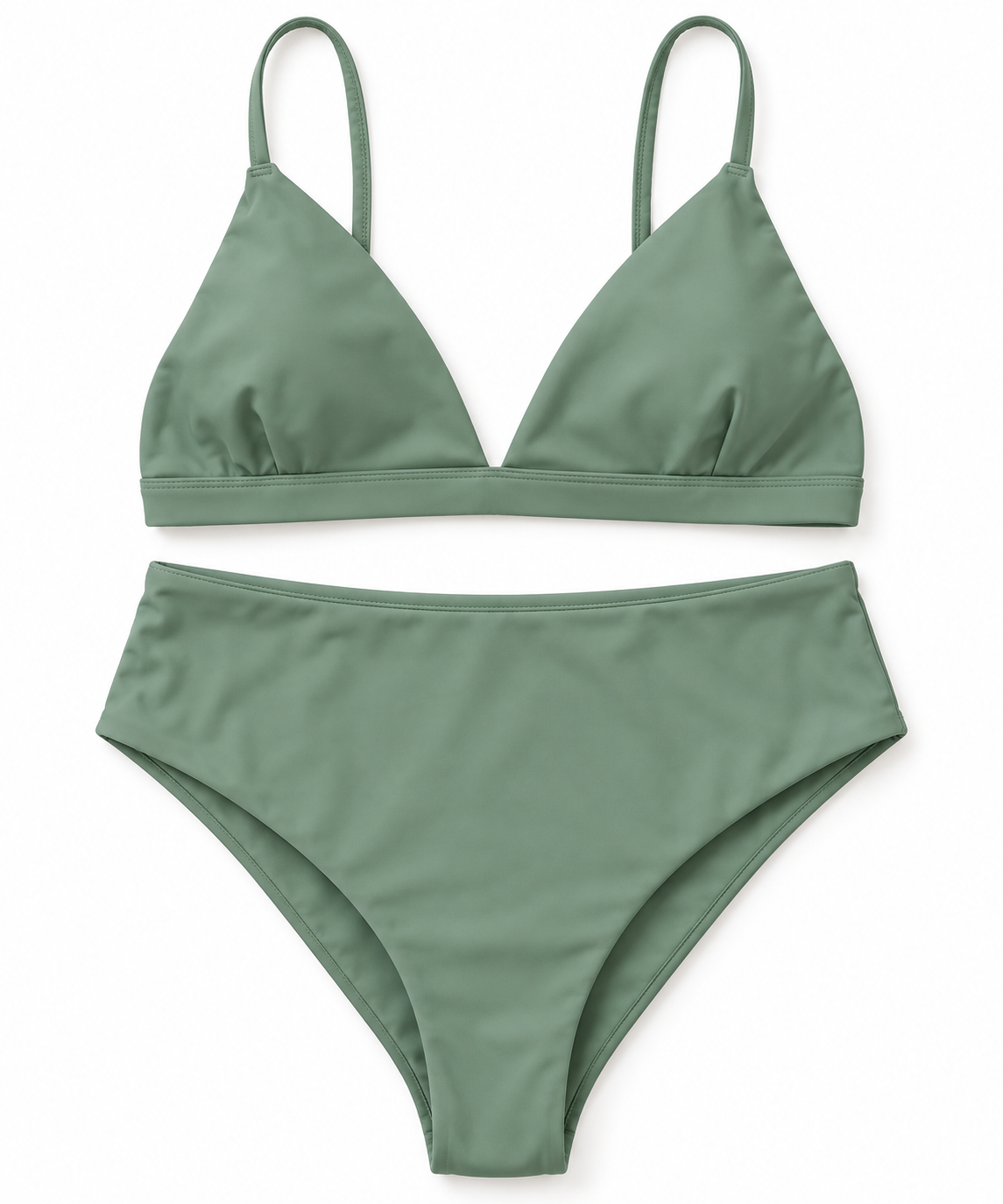 Sage green Coco Triangle Top and matching bikini bottoms laid flat on a white background.
