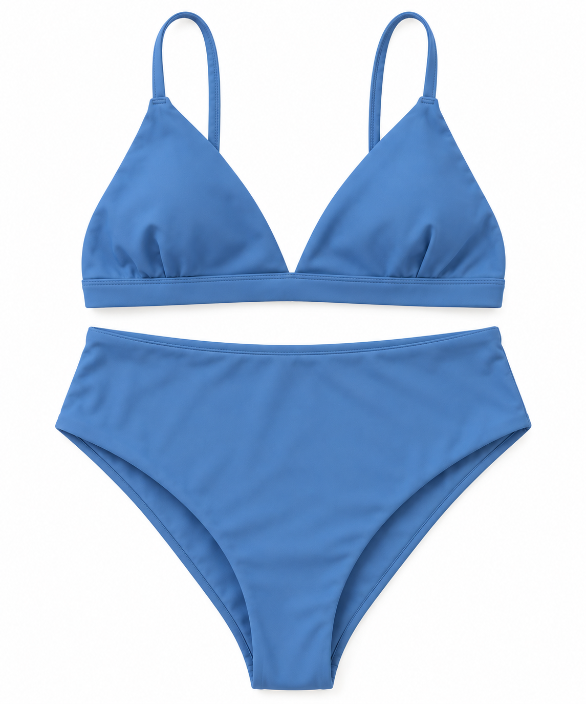 Blue Coco Triangle Top and matching bikini bottoms laid flat on a white background.